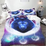 Galaxy wolf parure de lit simple avec housse de couette pour adolescents, motif loup, noir, bleu clair ...