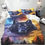 Galaxy wolf parure de lit simple avec housse de couette pour adolescents, motif loup, noir, bleu clair ...