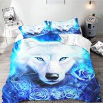 Galaxy wolf parure de lit simple avec housse de couette pour adolescents, motif loup, noir, bleu clair ...