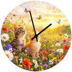 Horloge murale verre 29 cm chatons et prairie fleurie