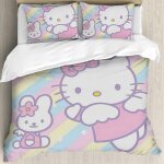 Housse de couette 3 pieces imprim�e hello cat kitty pour filles, motif anime 3d avec lapin, en microfibre, ...