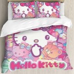 Housse de couette pour filles, motif chat, dessin anime, kawaii, hello cat kitty, parure de lit r�versible ...