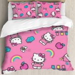 Housse de couette hello cat kitty pour lit double, motif chat kawaii, arc - en - ciel, nuages, rose, ...