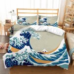 Housse de couette japon x imprim�� d vagues parure de lit personnes hypoallergique microfibre literie ...