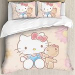Housse de couette kawaii hello cat kitty queen size, 100 % microfibre lav�e, parure de lit 3 pieces, ...