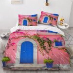 Housse de couette maison rouge x imprim�� d porte bleue parure de lit personnes hypoallergique microfibre ...