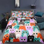 Housse de couette en polyester a motif de chat avec personnages f�lins hipsters et ludiques, parure de ...
