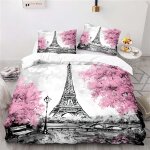 Housse de couette x tour eiffel, parure de lit pi��ces avec hypoallerg��nique housse de couette et taies ...