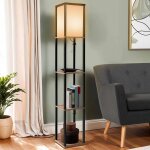 Idmarket lampadaire industriel en bois noir avec etag�res en bois clair et abat - jour carr� blanc
