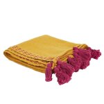 Jet� de canap� surpiqu� orange et rose avec pompons 130 x 170 cm
