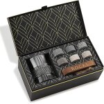 Jum - coffret pierres a whisky et verre en cristal - 6 pierres artisanales rondes en granit - verre a ...