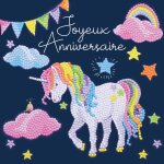 Kit carte broderie diamant 18x18cm anniversaire licorne