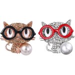 Kjdal - 2 pcs broche chat mignon argent� et or rose portant lunette avec perle epingle amusante cat pin ...