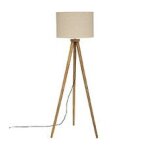 Lampadaire tr�pied en bois de manguier et abat - jour beige lin h 150 cm