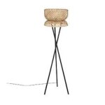 Lampadaire tr�pied en m�tal noir et abat - jour en bambou h 145 cm