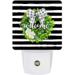 Lampe de nuit de bienvenue au printemps, couronne botanique florale, noeud papillon, rayures noires et ...