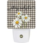 Lampe de nuit florale de printemps, aquarelle, marguerite blanche, noir, blanc, plaid, veilleuse lumineuse ...