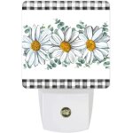 Lampe de nuit florale de printemps, marguerite blanche, feuilles d'eucalyptus, carreaux noirs et blancs, ...