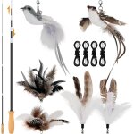 Letnerny - jouet de p�che t�lescopique pour chat avec manche en bois, 6 t�tes rempla�ables (plumes, o ...