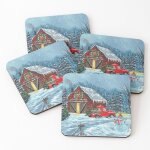 Lige sous - verres en bois camion rouge, arbre de nol d'hiver, scne de grange rouge #redbubble 9, ...