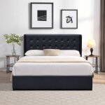 Lit coffre dehoussable 140x200 trixie noir t�te de lit capitonn�e 12 lattes montage rapide rev�tement ...