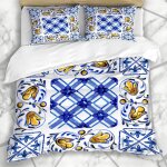 Literie - housse de couette aquarelle fleur majolicawatercolor majoline vintage peinture murale bleu ...