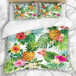 Literie - housse de couette exotique tropique motif tropical ananas feuilles de palmier fleur nature ...