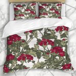 Literie - housse de couette vert motif g��raniums prairie floral nature noir fleur rouge branche bourgeon ...