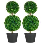 Lot de 2 arbres buis artificiel double boules avec tronc et pot inclus - h. 60 cm pe vert