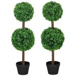 Lot de 2 buis artificiel double boules - cailloux et pot inclus - h. 90 cm pe vert