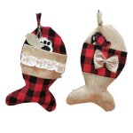 Lot de 2 chaussettes de no�l pour chien, en toile de jute a carreaux, en forme d'os de poisson, d�corations ...