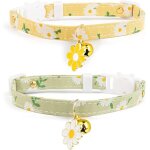Lot de 2 colliers de chat en coton avec cloche, pendentif fleurs jaunes et vertes collier de chat mignon ...