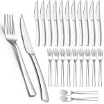 Lot de 24 couverts a steak en acier inoxydable - couteaux a steak et fourchettes a steak - couverts a ...