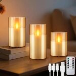 Lot de 3 bougies led rechargeables en verre, sans flamme, t�l�commande & minuterie, d�corations mariages ...