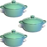 Lot de 3 mini cocottes bleues turquoises double poignée avec couvercle hobby cook Lot de 3 mini cocottes bleues turquoises double poignée avec couvercle hobby cook