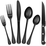 Lot de 48 couverts noirs en acier inoxydable pour 8 personnes avec couteaux a steak, couverts avec fourchettes ...