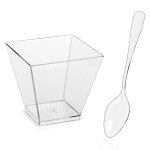 Lot de 50 mini tasses a dessert jetables 60 / 100ml, en plastique transparent, avec cuillères, tasses ... Lot de 50 mini tasses a dessert jetables 60 / 100ml, en plastique transparent, avec cuillères, tasses ...