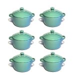 Lot de 6 mini cocottes bleues turquoises double poignée avec couvercle hobby cook Lot de 6 mini cocottes bleues turquoises double poignée avec couvercle hobby cook