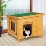 Maison pour chat niche en bois avec porte basculante a lamelles