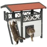 Maison lodge pour chat - niche villa avec terrasse, escalier, toit - bois sapin gris blanc toit bitum� ...