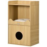 Maison de toilette chat - porte, niche avec coussin, plateau - panneaux aspect bois clair