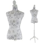 Mannequin de couture de tailleur buste torse f�minin t222 fibre de verre, motif blanc � fleurs