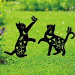 Mevronisshop - 2pcs decoration jardin exterieur en m�tal pour chat jouant avec des chats silhouette noire ...