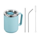 Mug a caf� en acier inoxydable de 450 ml avec couvercle et anse, bleu clair