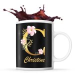 Mug christine tasse pr�nom femme fond noir avec lettre fleur id�e cadeau pour anniversaire no�l et f�te ...