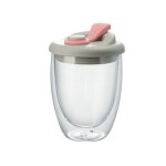 Mug isotherme en verre a double paroi de 250 ml avec couvercle - rose