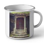 Mug en mtal emaill porte vintage marron encadrement pierre blanche