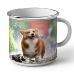 Mug en mtal emaill welsh corgi petit chien mignon poils longs mignon rail train