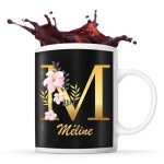 Mug m�line tasse pr�nom femme fond noir avec lettre fleur id�e cadeau pour anniversaire no�l et f�te ...