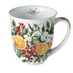 Mug en porcelaine fine aux agrumes et feuillages de noël Mug en porcelaine fine aux agrumes et feuillages de noël